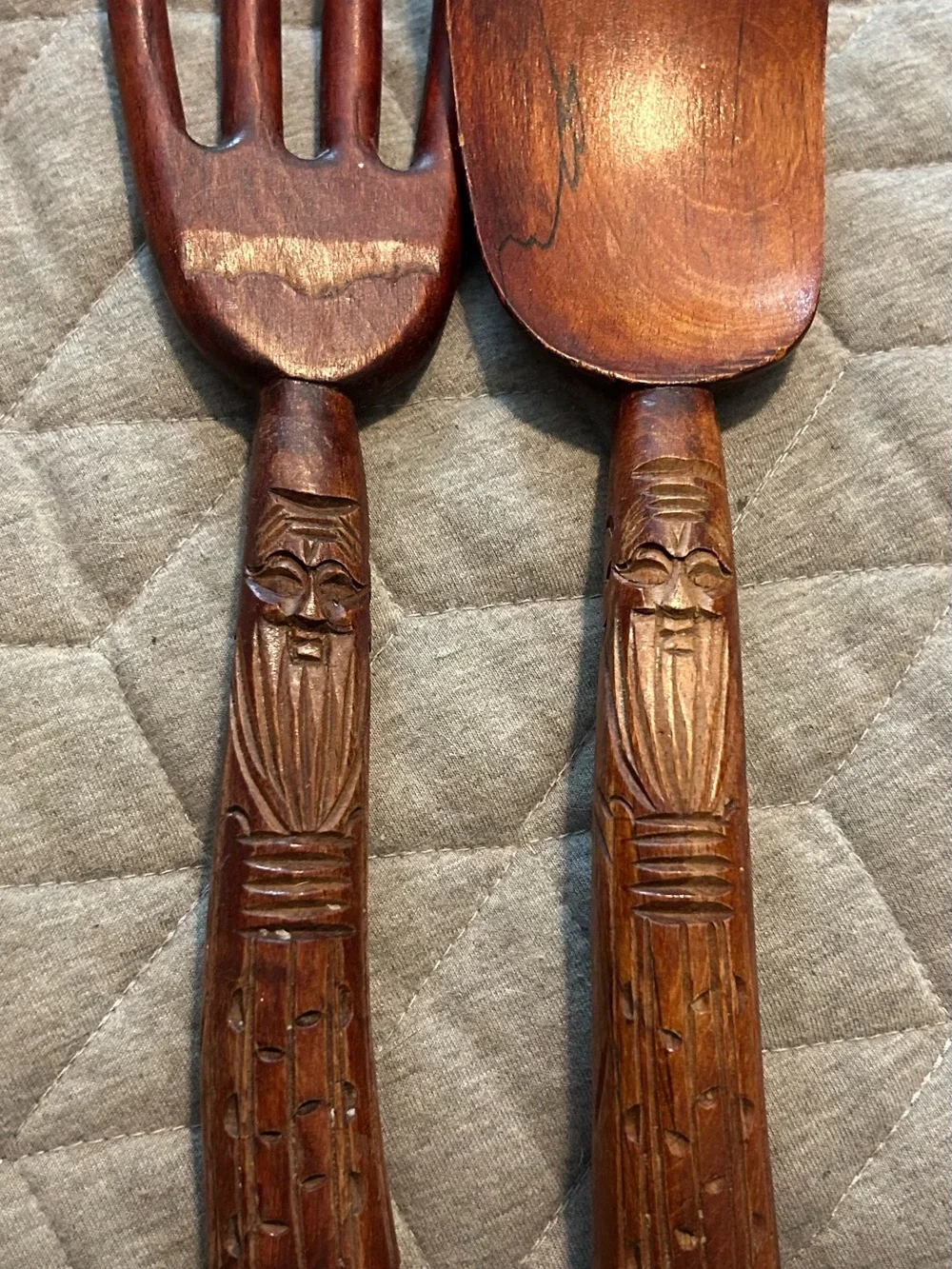 Hand-Carved Wooden Salad Serving Spoon and Fork - Brown